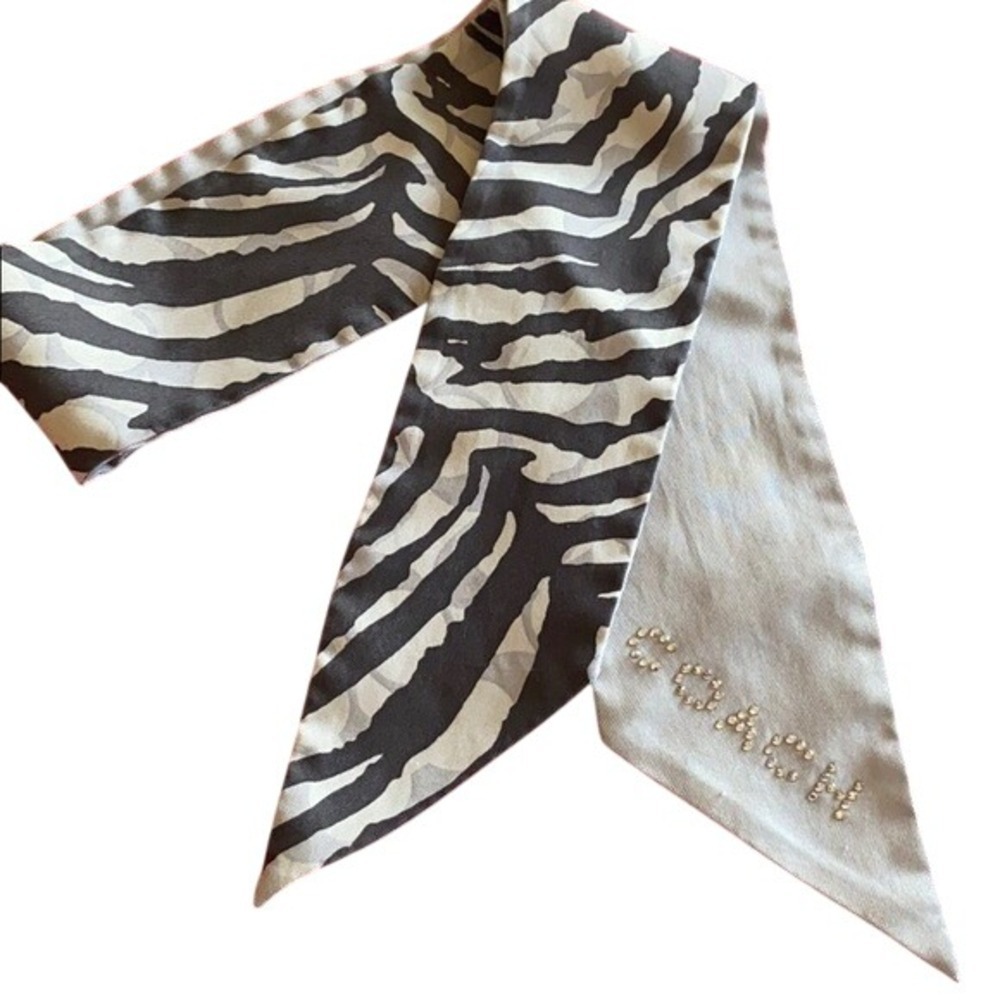 Coach Silk Zebra Signature C Skinny Scarf Rhinestone Logo Black Grey - Picture 3 of 9